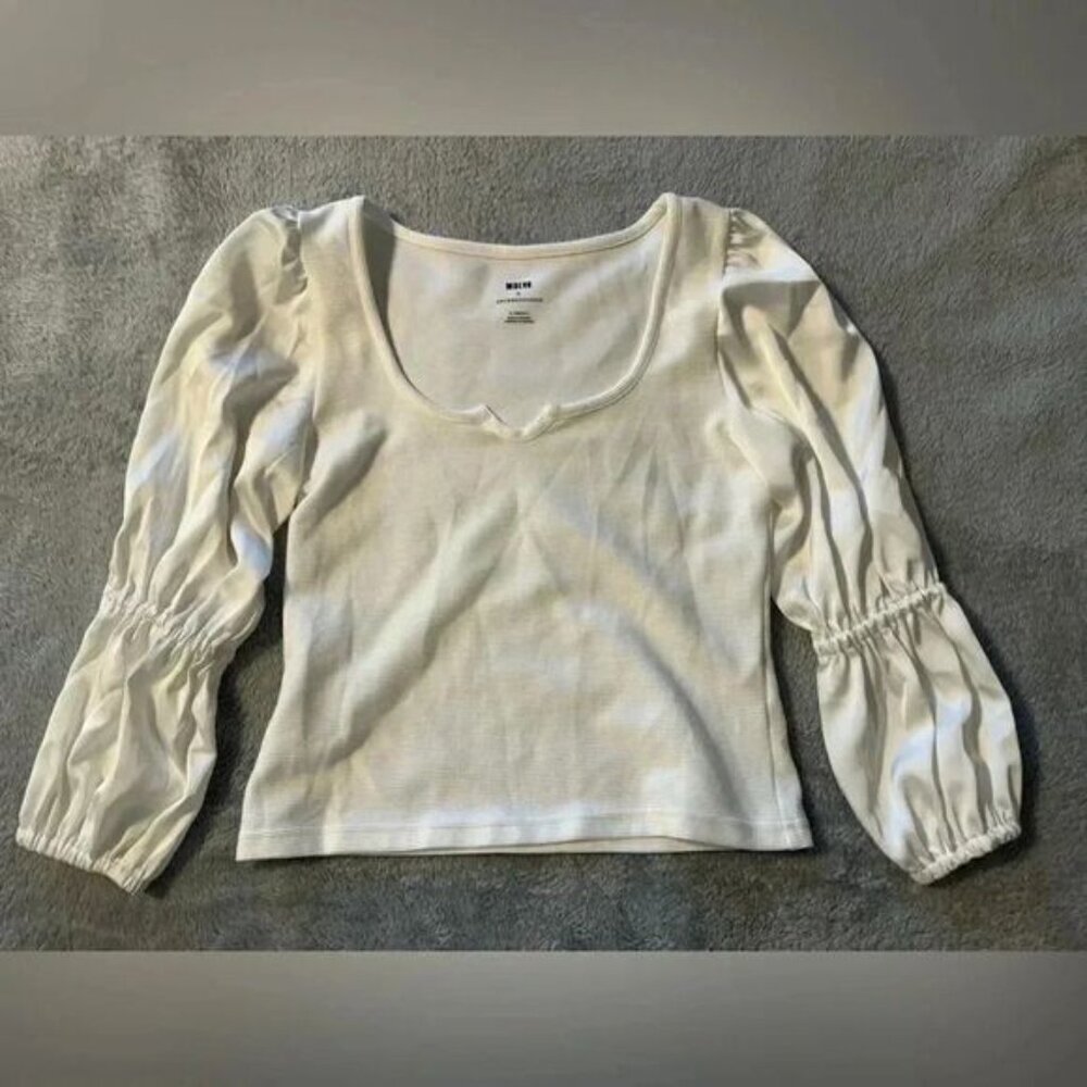 Anthropologie Maeve Ribbed Top | Tiered Satin Sleeves | XS | White